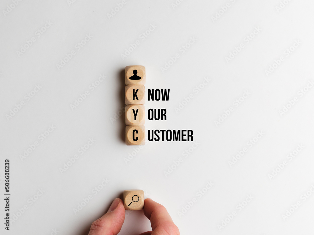 Concept know your customer or KYC. Text and icons on dice. - obrazy, fototapety, plakaty 