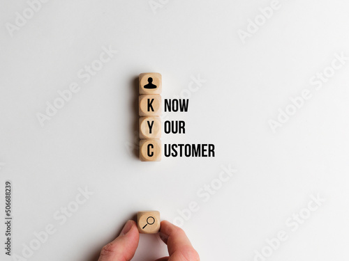 Concept know your customer or KYC. Text and icons on dice. photo
