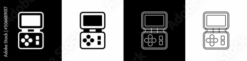 Set Portable tetris electronic game icon isolated on black and white background. Vintage style pocket brick game. Interactive playing device. Vector