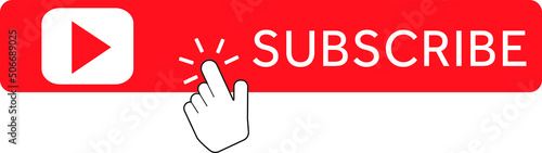 Red button subscribe of channel with hand cursor. Subscribe button in flat style. Label subscribe for video channel for website.