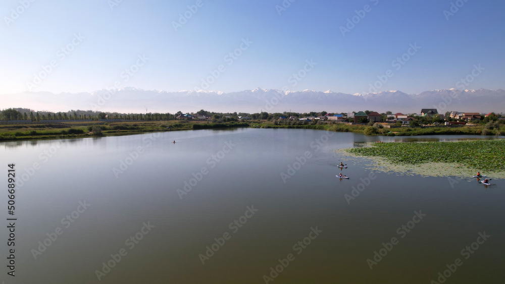 People swim on sup boards in a pond with lotuses. Top view from the throne. Green fields, water lilies floating on the water. Pink flowers are growing. Relax in the middle of the lake on surfing