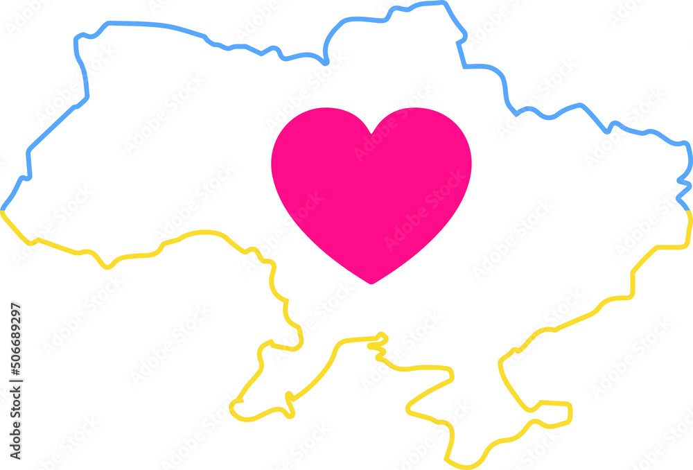 Outline map of Ukraine with typography. Blue and yellow conceptual idea. Support Ukraine. Vector illustration, isolated object, banner, template for design