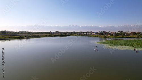 People swim on sup boards in a pond with lotuses. Top view from the throne. Green fields, water lilies floating on the water. Pink flowers are growing. Relax in the middle of the lake on surfing