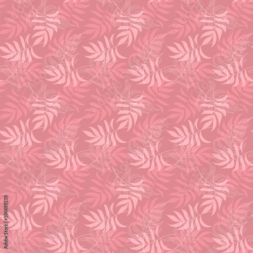 Abstract tropical foliage background in rose pink blush. Seamless background of line palm leaves. Creative illustration of the tropics for the design of swimwear, wallpapers, textiles. Vector art