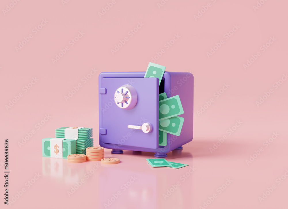 Safe box icon with coins stack and banknote and money fall out the open safe box on pastel pink background, cash, growth money, Financial security. Money saving concept. 3d rendering illustration - obrazy, fototapety, plakaty 