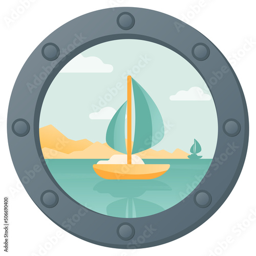 Illustration of the sailboat in the sea from the ship illuminator. 