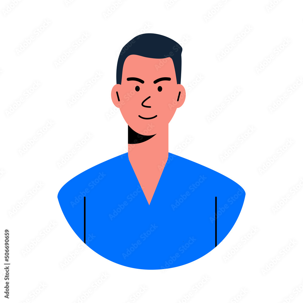 Avatar of Asian man with dark hair and blue sweater, vector illustration
