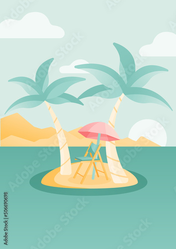 Illustration of two palmas and sun chair with parasol on the island in the sea.