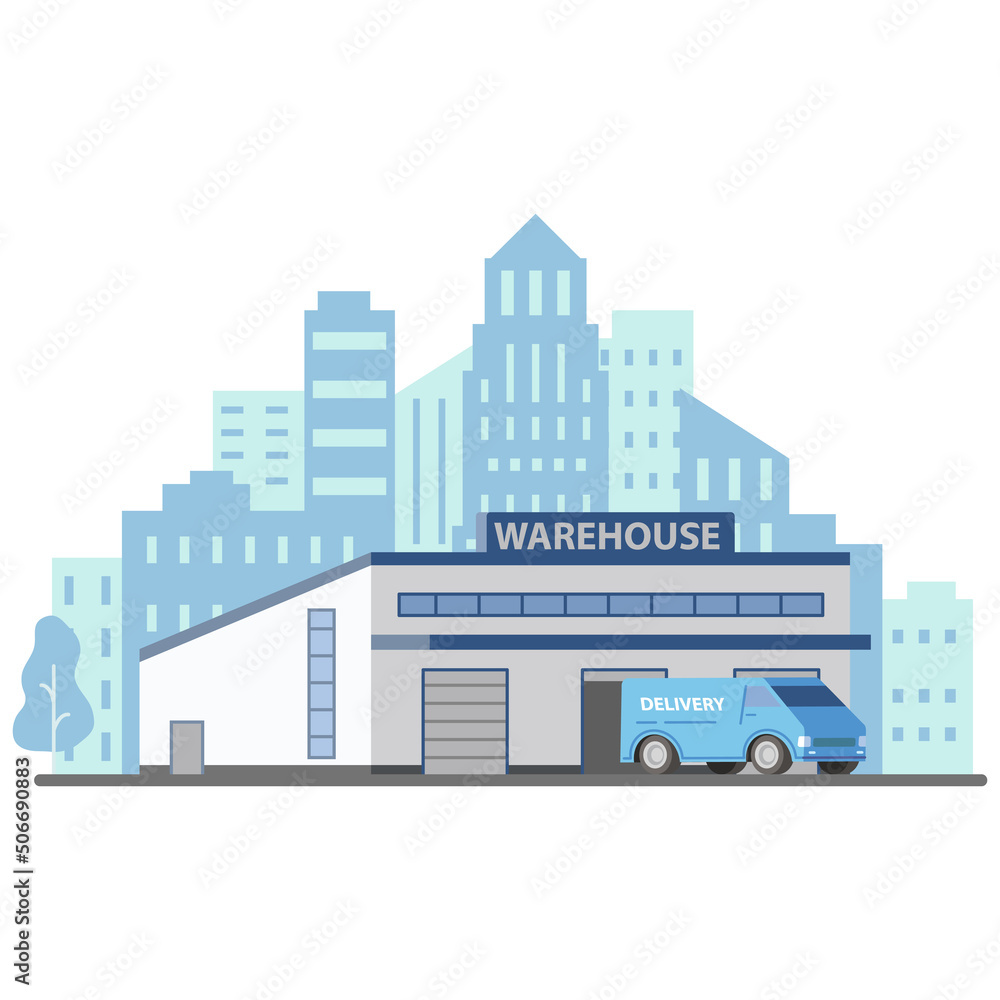 Warehouse storage buildings.Logistics industry.Loading truck.City skyline.Load cargo boxes onto trucks.Online delivery service.Isolated on white background.