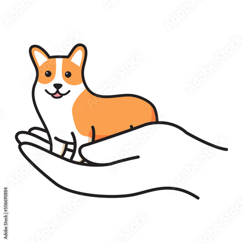 Dog shelter.Hand holding dog breeds corgi.Love to animal.Pet supplies.Doodle sketch style .Isolated on white background.Outline vector illustration.