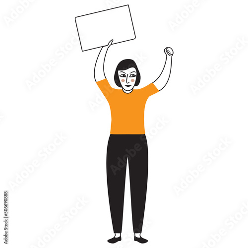 The girl demands equal rights and remuneration.A feminist woman is protesting against the infringement of women's rights.Doodle sketch style vector illustration. Isolated on white background.