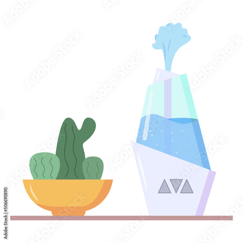 Humidifier distributes steam for home.Plant for interior decor of home.Succulent cactus in a potAir diffuser.Device for humidifying.Purifier microclimate. Healthy air. Mist sprayer for indoor use.