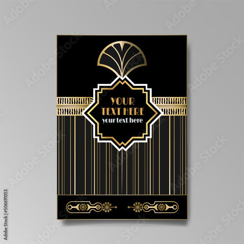 Art Deco template golden-black white, A4 page, menu, card, invitation,