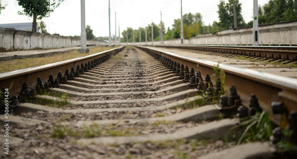 Fototapeta premium Railway track on steel bridge, shallow depth of field