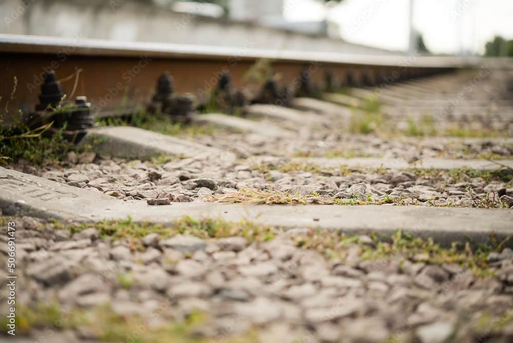 Fototapeta premium Railway track on steel bridge, shallow depth of field