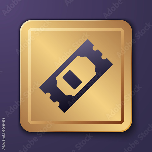 Purple Cinema ticket icon isolated on purple background. Gold square button. Vector