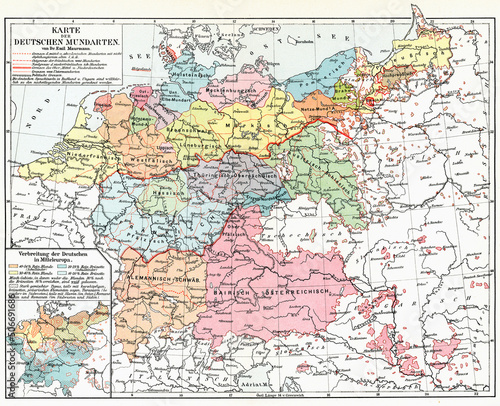 Map of Germany showing regions with different dialects of the German language. Publication of the book  Meyers Konversations-Lexikon   Volume 2  Leipzig  Germany  1910