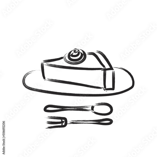 illustration of a piece of cake on a plate with a dessert spoon and fork