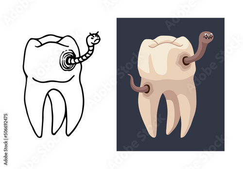 An evil worm has ruined a molar tooth. Caries concept. Color vector illustration isolated on a white background in a cartoon and flat design.