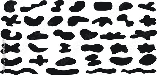 abstract blotch shapes. Liquid shape elements. Black round blobs collection. Fluid dynamic forms. Rounded spot or speck of irregular form. Vector liquid shadows random shapes. Black cube drops simple 