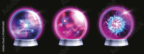 Magic crystal ball vector set, witch fortune sphere, glass energy purple globe 3D neon light circle. Game power orb, mystery future round fortune teller design element pink shine flare. Magic ball kit