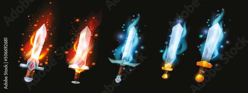 Magic sword game vector weapon set, fire flame, blue light, medieval fantasy cartoon shiny blade kit. Knight neon dagger, UI glowing assets on black, warrior alchemy magical knife. Magic sword clipart