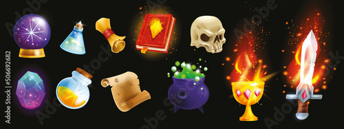 Magic game icon set, vector witch fantasy UI element, iron wizard cauldron, old spell book, potion. Fire sword, witchcraft Halloween skull, golden cup, mystery crystal ball, manuscript. Magic icon kit