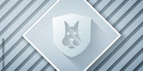 Paper cut Animal health insurance icon isolated on grey background. Pet protection concept. Dog or cat paw print. Paper art style. Vector