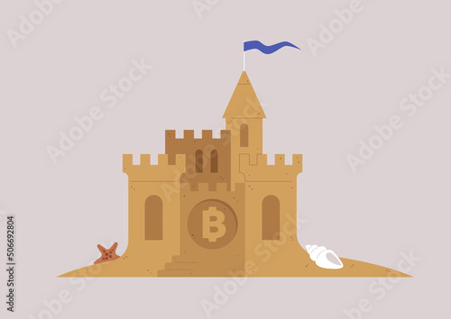 A sand castle with a bitcoin logo on it, a risky crypto currency market