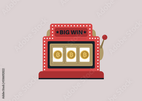 A crypto currency gambling machine, a one armed bandit with three icons of bitcoins in a row, a jackpot concept