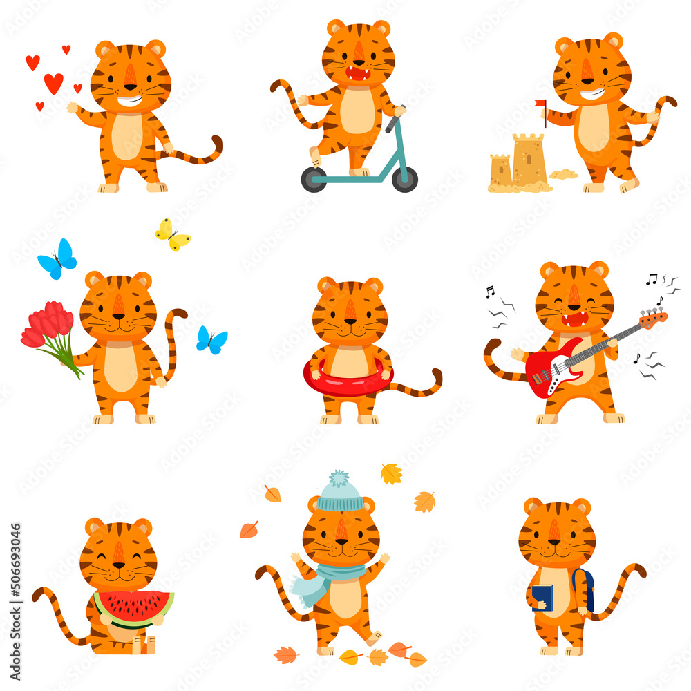 Set of cute cartoon tiger. Flat poster for prints, kids cards, posters,  t-shirts, and funny avatars. Vector illustration. Greeting card. Stock  Vector | Adobe Stock