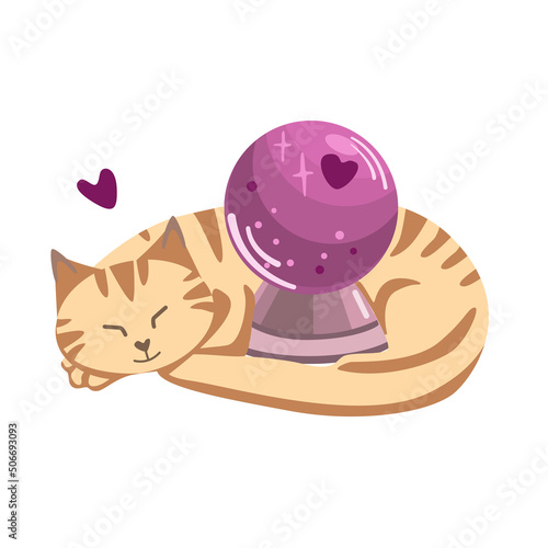 A vector cartoon cat sleeps around a magic ball. The witch's cat is red.