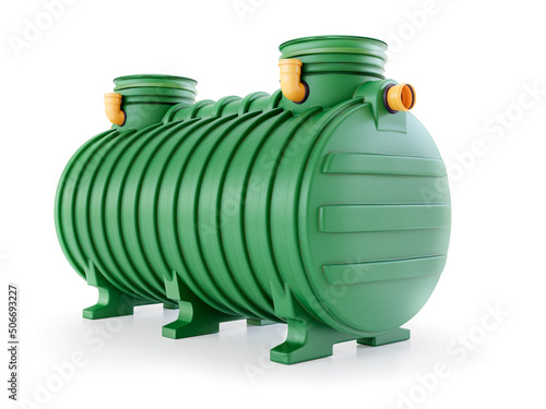 Household plastic two-chamber septic tank on white photo