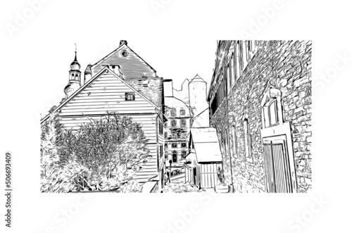 Building view with landmark of Monschau is a town in western Germany. Hand drawn sketch illustration in vector.