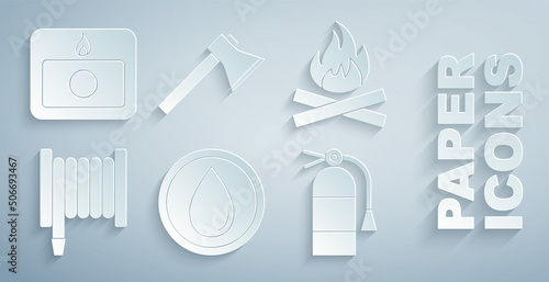 Set Water drop, Campfire, Fire hose reel, extinguisher, Firefighter axe and alarm system icon. Vector