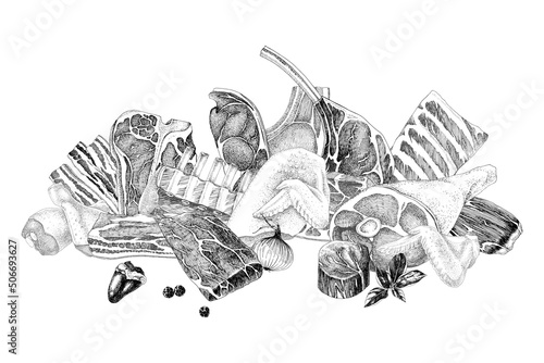 Different raw meat parts on white background