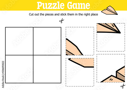 Vector educational kids puzzle game to cut and stick pieces with doodle paper plane