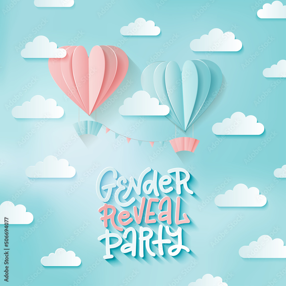 3d realistic paper cut pink and blue air balloons with lettering text - Gender reveal party. Mesh sky with clouds. Vector illustration for card, flyer, poster, decor, banner, web, advertising.