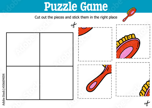 Vector educational kids puzzle game to cut and stick pieces with doodle hair brush