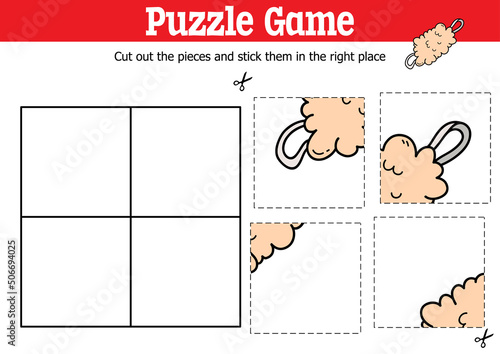 Vector educational kids puzzle game to cut and stick pieces with doodle washcloth 