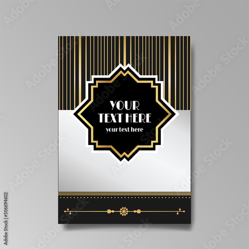 Art Deco template golden-black white, A4 page, menu, card, invitation, Sun and city lights in a Art DecoArt Nuevo style photo