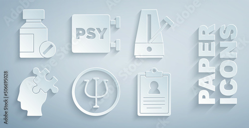 Set Psychology, Psi, Metronome with pendulum, Solution to the problem, Medical clipboard, and Sedative pills icon. Vector