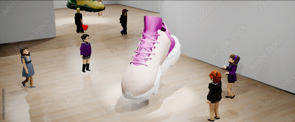 People playing as avatars in virtual reality metaverse shop, discussing new sneaker model during the presentation. Fashion retail concept, sport gamification. Generic 3d rendering - obrazy, fototapety, plakaty 