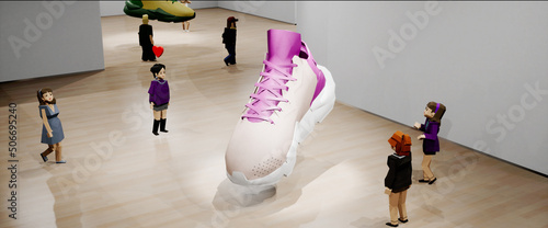 People playing as avatars in virtual reality metaverse shop, discussing new sneaker model during the presentation. Fashion retail concept, sport gamification. Generic 3d rendering photo