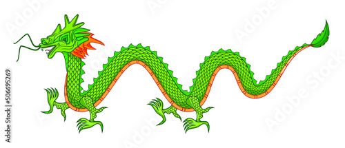 Green Chinese dragon or loong long or lung side view drawing in vector