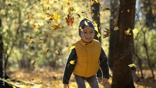 Happy cute little boy having fun while throwing up yellow leaves during outdoor leisure in autumn park, slow motion