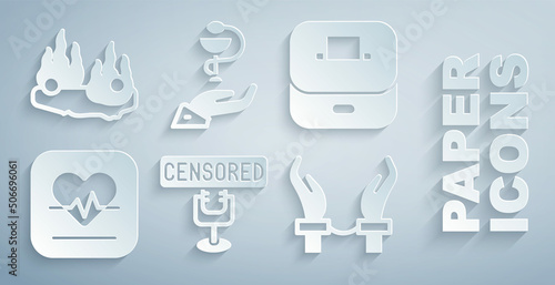 Set Censored stamp, Vote box, Heart rate, Handcuffs on hands of criminal, Caduceus snake medical and Burning car icon. Vector