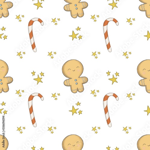 Tableau sur toile Christmas seamless pattern white background sandman Christmas red and white cane