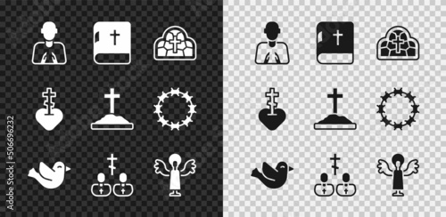 Set Hands in praying position, Holy bible book, Stained glass, Dove, Priest, Angel, Religious cross heart and Grave with icon. Vector