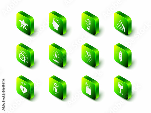 Set French man, Hot air balloon, Louvre glass pyramid, baguette bread, Wine, Grape fruit, and Scooter icon. Vector